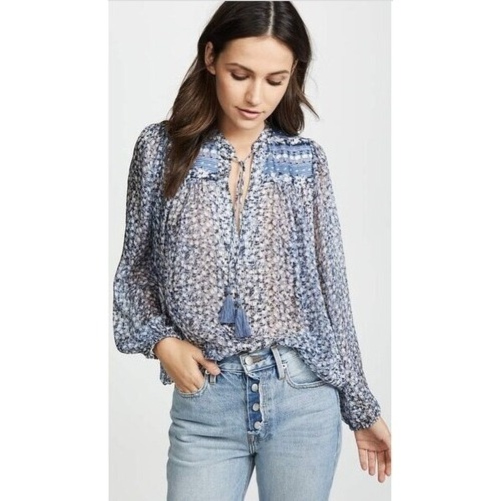 Ulla Johnson Constance Blouse Blue‎ Floral Silk Lurex Tassel Tie Boho Metallic 6